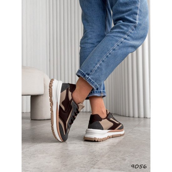 Кросівки жіночі Harper бежеві + шоколад + сірий,  екошкіра + еконубук 