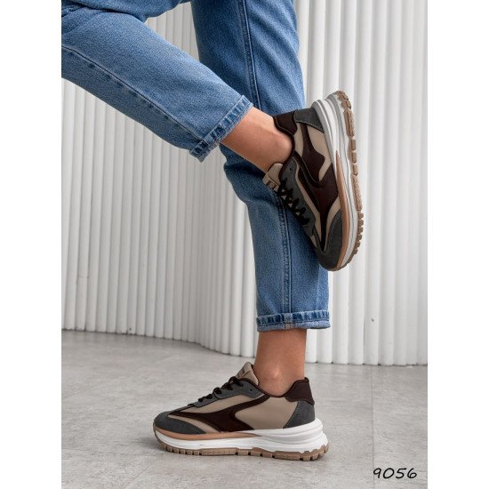 Кросівки жіночі Harper бежеві + шоколад + сірий,  екошкіра + еконубук 