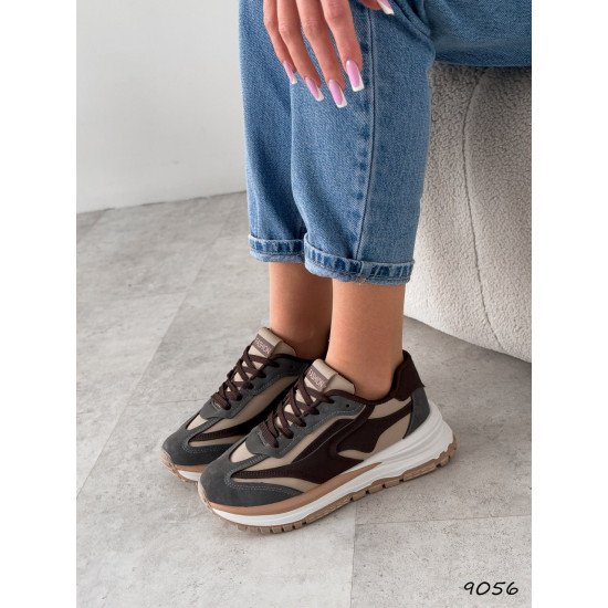 Кросівки жіночі Harper бежеві + шоколад + сірий,  екошкіра + еконубук 