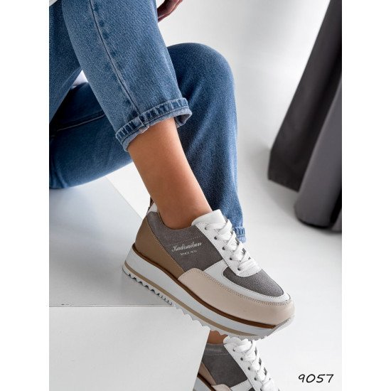 Кросівки жіночі Lessi сірі + персик + коричневий, натуральна шкіра