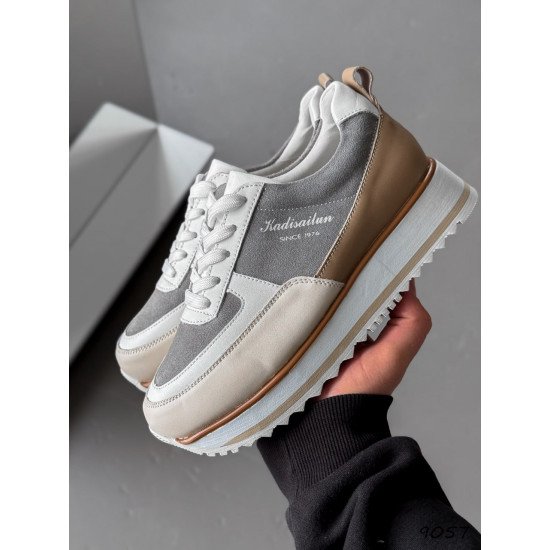 Кросівки жіночі Lessi сірі + персик + коричневий, натуральна шкіра