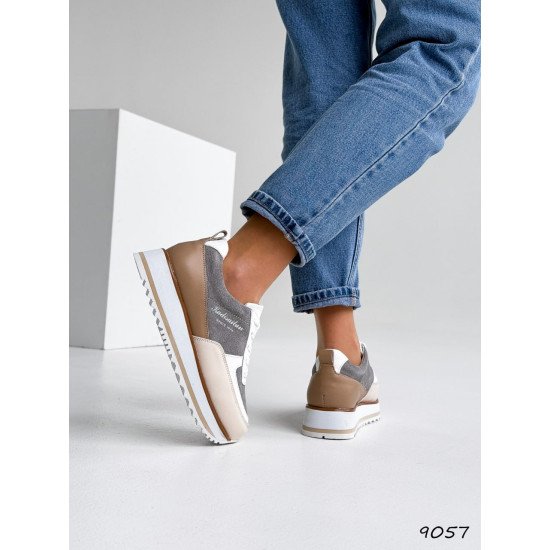 Кросівки жіночі Lessi сірі + персик + коричневий, натуральна шкіра