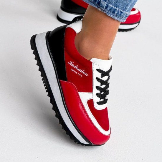 Кросівки жіночі Lessi червоні + чорний + коричневий, натуральна шкіра